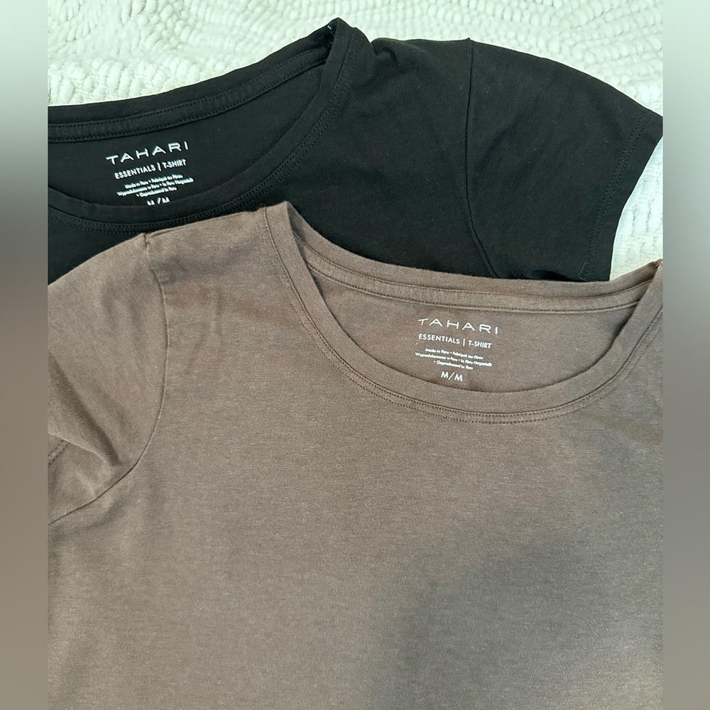 Two short sleeve, Tahari T-shirts, size medium, black, and tan